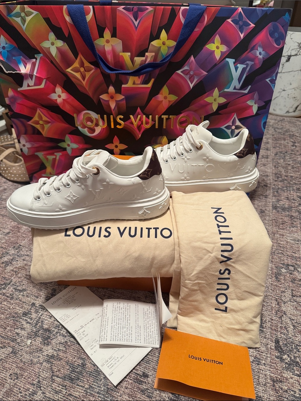 Louis Vuitton White Low-Top Sneakers with Brown Monogram Heel